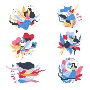 Romantic Mood Prints: Girl in dreamy or romantic mood woman isolated abstract icons vector female character and plants sitting