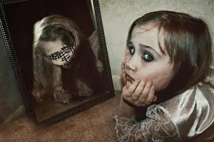 Imitation Prints: Girl lying on floor with a reflection of her alter ego in mirror