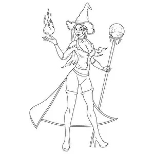 Wizard Prints: The girl is a magician. Vector illustration of a female mage sketch
