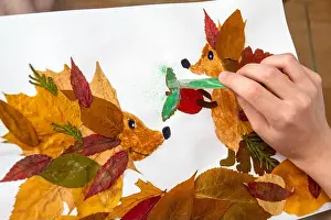 Hedgehog Prints: Girl makes an application from dry leaves