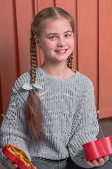 Studio One Prints: girl with pigtails in blue sweater with gift for Valentines Day