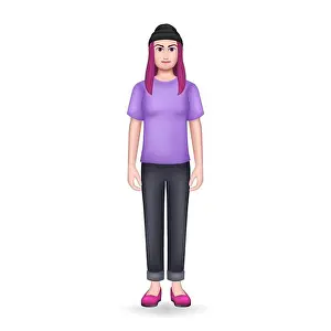 Design Elements Prints: Girl with pink Hair in Black Hat. Standing 3D Character. Vector illustration