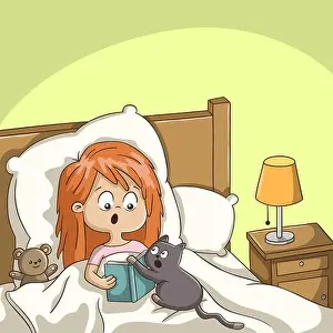 Reads Prints: Girl reads a book in bed with cat. Hand drawn vector illustration with separate layers