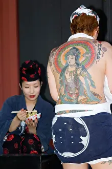 Far East Prints: girl with Shiva tattoo on back Sanja Matsuri Festival at Sensoji Temple Asakusa Jinja Asakusa Tokyo Japan Asia