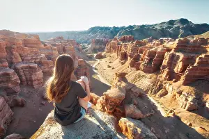 Girl Watching over Charyn Canyon in South East Kazakhstan taken in August 2018 taken in hdr