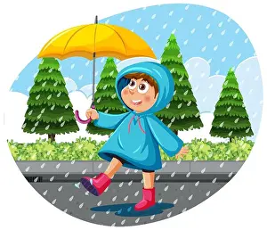 Young Child Prints: A girl wearing raincoat holding umbrella in a rain illustration