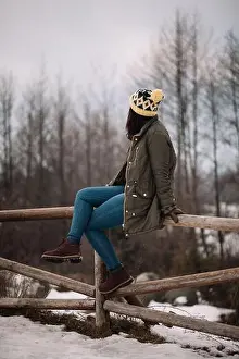 Winter Time Prints: Girl on wooden fence looking at mountain
