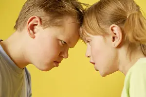 Siblings Prints: Girls, boy, siblings, furiously, eye contact, forehead in forehead, tread, curled