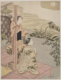 Paper And Package Products Prints: Two Girls on a Veranda beside a Stream with the Moon