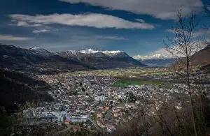 Bellinzona Prints: Giubiasco town from castle in Bellinzona town in spring fresh color morning