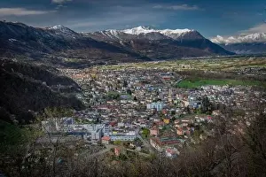 Giubiasco town from castle in Bellinzona town in spring fresh color morning