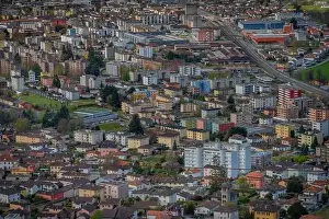 Giubiasco town from castle in Bellinzona town in spring fresh color morning