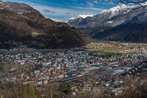 Bellinzona Prints: Giubiasco town from castle in Bellinzona town in spring fresh color morning
