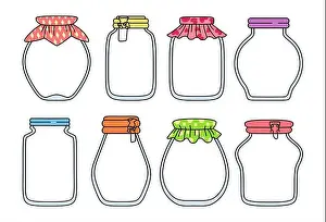 Glass empty jar doodle set. Contour label packaging jam drawing for notes