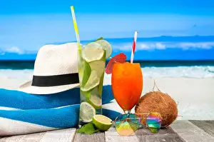 Tequila Prints: Two glasses of fresh cocktails on the beach. Summer Vacation on the seashore