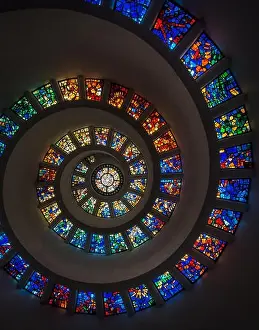 The Glory Window inside the public, spiral-shaped chapel in Thanks-Giving Square (technically triangular)