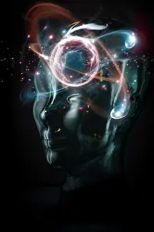 Nucleus Prints: Glowing transparent cyborg face with atomic particle brain