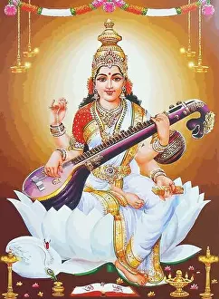 Saraswati Prints: god Saraswati spiritual play veena holy culture music hinduism illustration