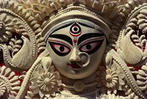 Mother Prints: Goddess Durga face close up in Pooja puja indian festival calcutta kolkata west bengal india asia asian