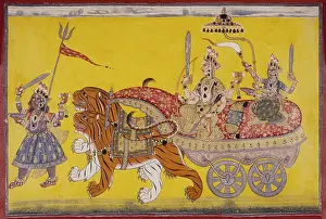 Rajput Prints: The goddess riding a lion chariot. Basoli, circa 18th. Century A.D. India