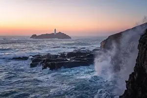 Staycation Prints: Godrevy lighthouse at sunset near gwithian cornwall england uk