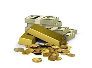 Ingot Prints: Gold Bar with Currency Notes and Coins
