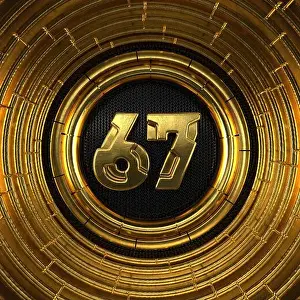 Gold number 67 (number sixty-seven) with perforated black metal background and gold rings around. 3D illustration