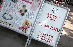 Scrap Prints: Gold Wanted sign outside London pawnbrokers shop