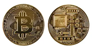 Miner Prints: Golden bitcoin isolated on white background