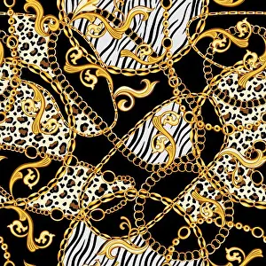 Zebra Prints: Golden Chains, Baroque Ornaments mixed with Tiger and Zebra Animals Patterns