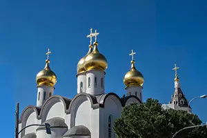 White Day Prints: Golden domes Russian Orthodox Church of Santa Maria Magdalena in Madrid. Spain Europe