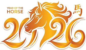 Talented Prints: Golden Happy new year 2026 typography with hand drawn of horse illustration