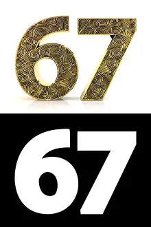 Zentangle Prints: Golden number sixty-seven (67 years) on white background with pattern style Zentangle