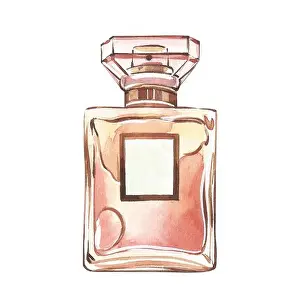 Scent Prints: Golden rectangular crystal glass perfume bottle isolated on white background