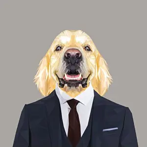 Vector Vectors Prints: Golden Retriever dog animal dressed up in navy blue suit with red tie