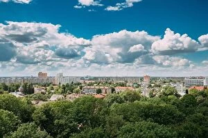 Aerial Landscape Collection: Gomel, Belarus. Cityscape And Architecture. Top Aerial View Of Ferris Wheel Among Green Trees