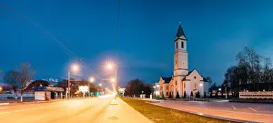 Blue Hour Prints: Gomel, Belarus. Night Panorama Of Church Of The Nativity Of The Virgin Mary On Sovetskaya Street In Lighting Of Evening
