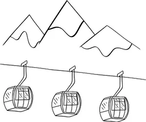 Nautical Vessel Prints: Gondola ski lift mountain forest black and white graphic line illustration