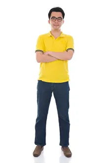 Happy Human Prints: good looking chinese man in full body and isolated in white background