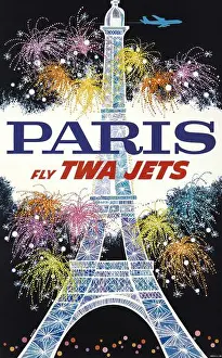 Flights Prints: A gorgeous 1960 vintage travel poster for flying to Paris in France with TWA