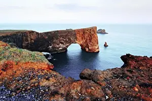 Dyrholaey Prints: Gorgeous landscape with unique basalt arch on Dyrholaey Nature Reserve, Iceland, Europe