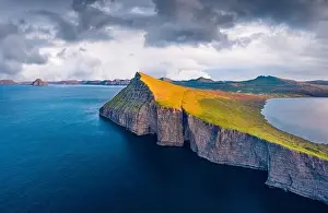 Bosdalafossur Prints: Gorgeous morning view from flying drone of Sorvagsvatn lake
