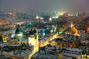 Images Dated 5th January 2019: Gorgeus cityscape of winter Lviv city from top of town hall during sunset, Ukraine