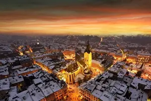 Gorgeus cityscape of winter Lviv city from top of town hall during sunset, Ukraine. Landscape photography