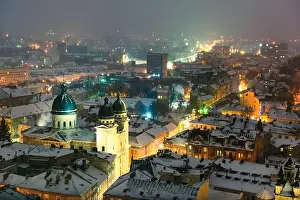 Gorgeus cityscape of winter Lviv city from top of town hall during sunset, Ukraine. Landscape photography
