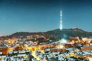 Gorgeus cityscape of winter Lviv city from top of town hall during sunset, Ukraine. Landscape photography