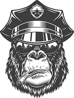 Gorilla head in monochrome style in policeman hat. Vector illustration