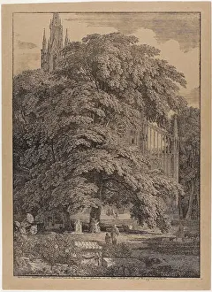 Tombs Prints: Gothic Church Behind an Oak Grove with Tombs