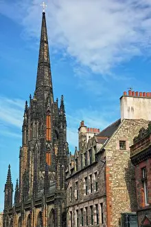Gothic Revival Prints: The gothic clock tower with tall pinnacled octagonal spire of Hub