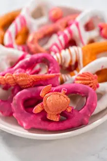 Sea Shell Prints: Gourmet chocolate-covered pretzel twists with seashell-shaped chocolates